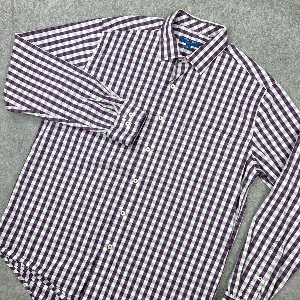 Cole Haan Shirt Mens Large Purple Gingham Plaid Grand OS Long Sleeve Button‎ Up